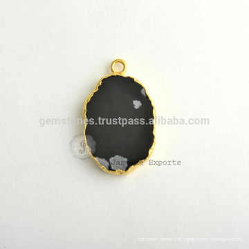 Venda Por Atacado Snowflake Obsidian Slice Gemstone Bezel Station, Handmade Micron Gold Plated Sterling Silver Bezel Connector and Charm